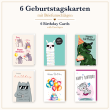 Laden Sie das Bild in den Galerie-Viewer, Edition Seidel Set 6 Geburtstagskarten mit Umschlag. Glückwunschkarten Doppelkarten Klappkarten Kartenset Happy Birthday Katze Lama Dino Ballons Torte lustig Kinder Frau Mann (SW026) (36698)