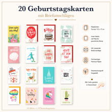 Laden Sie das Bild in den Galerie-Viewer, Edition Seidel Set 20 Geburtstagskarten mit Umschlag. Glückwunschkarten Doppelkarten Klappkarten Kartenset Happy Birthday bunt lustig Einhorn Lama Kinder Frau Mann (SW026) (36705)
