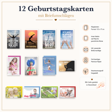Laden Sie das Bild in den Galerie-Viewer, Edition Seidel Set 12 Geburtstagskarten mit Umschlag. Glückwunschkarten Doppelkarten Klappkarten Kartenset Sprüche lustig Motivation Familie Mann Frau (SW026) (36700)