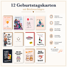 Laden Sie das Bild in den Galerie-Viewer, Edition Seidel Set 12 Geburtstagskarten mit Umschlag. Glückwunschkarten Doppelkarten Klappkarten Kartenset Happy Birthday lustige Sprüche Aperol Wein Bier Tiere Mann Frau (SW026) (36701)