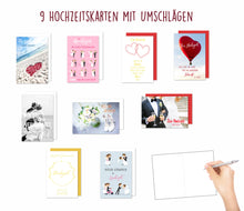 Load image into Gallery viewer, Edition Seidel Set 9 exklusive Hochzeitskarten mit Umschlägen. Glückwunschkarten Doppelkarten Grusskarten zur Hochzeit Hochzeitskarte Spruch Englisch Karte für Brautpaar sie ihn mr & mrs (20276)