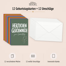 Laden Sie das Bild in den Galerie-Viewer, Edition Seidel Set 12 Geburtstagskarten mit Umschlag. Glückwunschkarten Doppelkarten Klappkarten Kartenset Pinselschrift bunt kräftige Farben Spruch Alles Gute Happy Birthday Mann Frau (SW026)(37277)