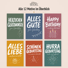 Laden Sie das Bild in den Galerie-Viewer, Edition Seidel Set 12 Geburtstagskarten mit Umschlag. Glückwunschkarten Doppelkarten Klappkarten Kartenset Pinselschrift bunt kräftige Farben Spruch Alles Gute Happy Birthday Mann Frau (SW026)(37277)