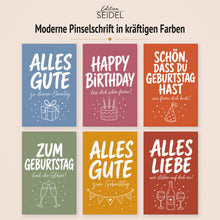 Laden Sie das Bild in den Galerie-Viewer, Edition Seidel Set 12 Geburtstagskarten mit Umschlag. Glückwunschkarten Doppelkarten Klappkarten Kartenset Pinselschrift bunt kräftige Farben Spruch Alles Gute Happy Birthday Mann Frau (SW026)(37277)
