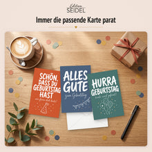 Laden Sie das Bild in den Galerie-Viewer, Edition Seidel Set 12 Geburtstagskarten mit Umschlag. Glückwunschkarten Doppelkarten Klappkarten Kartenset Pinselschrift bunt kräftige Farben Spruch Alles Gute Happy Birthday Mann Frau (SW026)(37277)