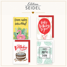 Laden Sie das Bild in den Galerie-Viewer, Edition Seidel Set 20 Geburtstagskarten mit Umschlag. Glückwunschkarten Doppelkarten Klappkarten Kartenset Happy Birthday bunt lustig Einhorn Lama Kinder Frau Mann (SW026) (36705)