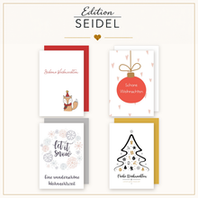 Laden Sie das Bild in den Galerie-Viewer, Edition Seidel Set 12 Weihnachtskarten mit Umschlag. Grußkarten Doppelkarten Klappkarten Kartenset Frohe Weihnachten Christbaumkugeln Gold Einhorn Tannenbaum Weihnachtsgrüße (SW026) (36703)