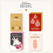 Laden Sie das Bild in den Galerie-Viewer, Edition Seidel Set 12 Weihnachtskarten mit Umschlag. Grußkarten Doppelkarten Klappkarten Kartenset Frohe Weihnachten Christbaumkugeln Gold Einhorn Tannenbaum Weihnachtsgrüße (SW026) (36703)