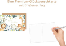 Laden Sie das Bild in den Galerie-Viewer, Edition Seidel Premium Glückwunschkarte zur Geburt mit Umschlag. Karte Babykarte Ereigniskarte Grusskarte Billet Hallo Baby Tiere Ereignis Junge Mädchen (E275 SW024)
