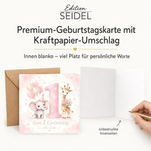 Laden Sie das Bild in den Galerie-Viewer, Edition Seidel Premium quadratische Glückwunschkarte zum 1. Geburtstag mit Umschlag. Grußkarte Kinderkarte Karte Spruch Alles Gute für Baby Junge Mädchen niedlich süß Tiere (GQ896 SW026)