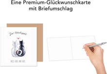 Laden Sie das Bild in den Galerie-Viewer, Quadratische Glückwunschkarte zur Hochzeit mit Umschlag. Just Married Katzen Herz (HQ108 SW025)