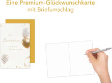 Laden Sie das Bild in den Galerie-Viewer, Edition Seidel Premium Glückwunschkarte zum Jubiläum mit Umschlag. Jubiläumskarte Ehrentag Grusskarte Billet Mann Frau Feier Firma Ballons Gold (J132 SW024)