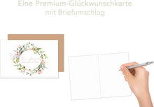 Laden Sie das Bild in den Galerie-Viewer, Glückwunschkarte zur Hochzeit mit Umschlag aus Kraftpapier. Hochzeitskarte Just Married Eukalyptus Blumen Blumenkranz (H486 SW024)