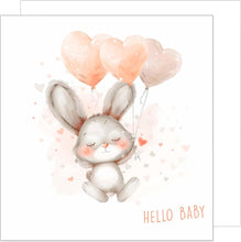 Laden Sie das Bild in den Galerie-Viewer, Edition Seidel Premium quadratische Glückwunschkarte zur Geburt mit Umschlag. Karte Grußkarte Babykarte Hello Baby Billet Junge Mädchen Hase Luftballons Herzen (EQ103 SW024)