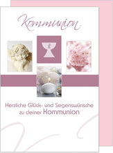 Laden Sie das Bild in den Galerie-Viewer, Edition Seidel Premium Glückwunschkarte zur Kommunion mit Umschlag. Kommunionskarte Karte Grusskarte Engel Kerzen Kelch Blüte Mädchen (KO174 SW023)