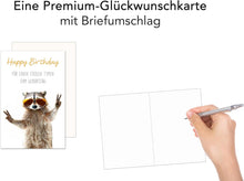Laden Sie das Bild in den Galerie-Viewer, Edition Seidel Premium Geburtstagskarte mit Umschlag. Glückwunschkarte Grußkarte Karte mit Spruch Geburtstag Happy Birthday Mann Frau cooler Waschbär (G3626 SW024)