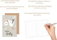 Laden Sie das Bild in den Galerie-Viewer, Edition Seidel Premium Glückwunschkarte zur Geburt mit Umschlag. Karte Babykarte Ereigniskarte Grusskarte Hello Baby Storch Ereignis Mädchen Junge (E262 SW023)