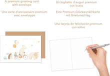 Laden Sie das Bild in den Galerie-Viewer, Edition Seidel Premium Geburtstagskarte mit Umschlag. Glückwunschkarte Karte Billet Geburtstag Kind Mädchen Junge Tiere Elefant Bär Igel Luftballons (G3515 SW024)
