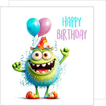 Laden Sie das Bild in den Galerie-Viewer, Edition Seidel Premium quadratische Geburtstagskarte mit Umschlag. Glückwunschkarte Happy Birthday Billet Karte Kinder Mann Frau Monster Ballons Lustige Party (GQ192 SW024)