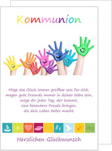 Laden Sie das Bild in den Galerie-Viewer, Edition Seidel Premium Glückwunschkarte zur Kommunion mit Umschlag. Kommunionskarte mit Spruch Grusskarte Karte bunte Hände Junge Mädchen (KO180 SW023)