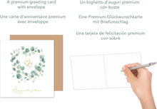 Laden Sie das Bild in den Galerie-Viewer, Quadratische Glückwunschkarte zur Hochzeit mit Umschlag. Just Married Mr. & Mrs. Zweige Eukalyptus (HQ103 SW025)