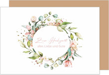 Laden Sie das Bild in den Galerie-Viewer, Glückwunschkarte zur Hochzeit mit Umschlag aus Kraftpapier. Hochzeitskarte Just Married Eukalyptus Blumen Blumenkranz (H486 SW024)