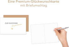Laden Sie das Bild in den Galerie-Viewer, Edition Seidel Premium Glückwunschkarte zum Ruhestand mit Umschlag. Grußkarte Billet Karte mit Spruch für Frau Mann Kollegin Kollege Pension Abschied Rente Ruhe Herz (R141 SW024)