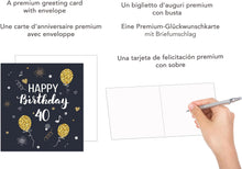 Laden Sie das Bild in den Galerie-Viewer, Edition Seidel Premium quadratische Glückwunschkarte zum 40. Geburtstag mit Umschlag. Geburtstagskarte Happy Birthday Karte Mann Frau Luftballons Schwarz Gold (GZQ100-40)