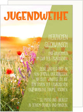 Laden Sie das Bild in den Galerie-Viewer, Edition Seidel Premium Glückwunschkarte zur Jugendweihe mit Umschlag. Jugendweihekarte Karte mit Spruch Grusskarte Blumen Wiese Junge Mädchen (JW138 SW024)