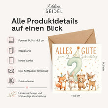Laden Sie das Bild in den Galerie-Viewer, Edition Seidel Premium quadratische Glückwunschkarte zum 2. Geburtstag mit Umschlag. Grußkarte Kinderkarte Karte Spruch Alles Gute für Baby Junge Mädchen niedlich süß Tiere (GQ903 SW026)