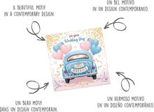 Laden Sie das Bild in den Galerie-Viewer, Quadratische Glückwunschkarte zur Hochzeit mit Umschlag. Hochzeitskarte Just Married Wedding Auto Oldtimer (HQ100 SW024)