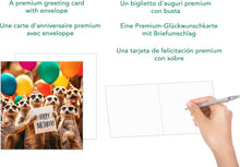 Laden Sie das Bild in den Galerie-Viewer, Edition Seidel Premium quadratische Geburtstagskarte mit Umschlag. Glückwunschkarte Happy Birthday Billet Tier Karte Mann Frau Kinder Coole Erdmännchen Bunte Ballons (GQ175 SW024)