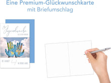 Laden Sie das Bild in den Galerie-Viewer, Edition Seidel Premium Glückwunschkarte zur Jugendweihe mit Umschlag. Eine einzelne Karte zur Jugendweihe mit Spruch. Grusskarte Hände Welt Himmel Junge Mädchen (JW125 SW023)