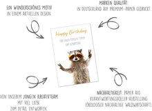 Laden Sie das Bild in den Galerie-Viewer, Edition Seidel Premium Geburtstagskarte mit Umschlag. Glückwunschkarte Grußkarte Karte mit Spruch Geburtstag Happy Birthday Mann Frau cooler Waschbär (G3626 SW024)