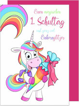 Laden Sie das Bild in den Galerie-Viewer, Edition Seidel Premium Glückwunschkarte zur Einschulung mit Umschlag. Einschulungskarte Karte Grusskarte Kind Mädchen Einhorn Schulanfang (ES119 SW022)