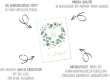 Laden Sie das Bild in den Galerie-Viewer, Glückwunschkarte zur Hochzeit mit Umschlag aus Kraftpapier. Hochzeitskarte Just Married Herz Eukalyptus (H482 SW024)