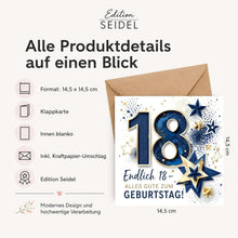 Laden Sie das Bild in den Galerie-Viewer, Edition Seidel Premium quadratische Glückwunschkarte zum 18. Geburtstag mit Umschlag. Grußkarte Karte Spruch Alles Gute für Frau Mann Teenager volljährig achtzehn lustig elegant (GQ922 SW026)