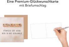 Laden Sie das Bild in den Galerie-Viewer, Edition Seidel Premium quadratische Glückwunschkarte zum 50. Geburtstag mit Umschlag. Geburtstagskarte Karte mit Spruch für Mann Frau Freund Freundin Scrabble (GQ419 SW025)