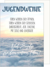 Laden Sie das Bild in den Galerie-Viewer, Edition Seidel Premium Glückwunschkarte zur Jugendweihe mit Umschlag. Jugendweihekarte Karte mit Spruch Grusskarte Himmel Wolken Junge Mädchen (JW139 SW024)