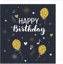 Laden Sie das Bild in den Galerie-Viewer, Edition Seidel Premium quadratische Geburtstagskarte mit Umschlag. Glückwunschkarte Happy Birthday Karte Geburtstag Mann Frau Teenager Punkte Luftballons Herzen Schwarz Gold (GQ103)