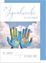 Laden Sie das Bild in den Galerie-Viewer, Edition Seidel Premium Glückwunschkarte zur Jugendweihe mit Umschlag. Eine einzelne Karte zur Jugendweihe mit Spruch. Grusskarte Hände Welt Himmel Junge Mädchen (JW125 SW023)