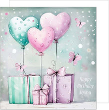Laden Sie das Bild in den Galerie-Viewer, Edition Seidel Premium quadratische Geburtstagskarte mit Umschlag. Glückwunschkarte Happy Birthday Billet Karte Frau Mann Kind Mädchen Geschenke Herzen Luftballons (GQ201 SW024)