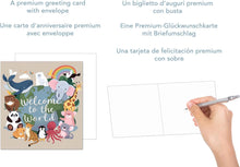 Laden Sie das Bild in den Galerie-Viewer, Edition Seidel Premium quadratische Glückwunschkarte zur Geburt mit Umschlag. Karte Grußkarte Babykarte Billet Hello Baby Kind Junge Mädchen Tiere Welt (EQ116 SW024)