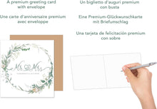Laden Sie das Bild in den Galerie-Viewer, Quadratische Glückwunschkarte Karte zur Hochzeit mit Umschlag. Just Married Wedding Blumenkranz Eukalyptus (HQ101 SW024)