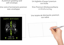 Laden Sie das Bild in den Galerie-Viewer, Edition Seidel Premium quadratische Geburtstagskarte mit Umschlag. Glückwunschkarte Happy Birthday Billet Karte Mann Frau Jugendliche Kinder Gamer Controller Sprüche (GQ142)