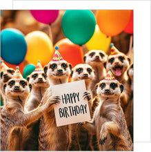 Laden Sie das Bild in den Galerie-Viewer, Edition Seidel Premium quadratische Geburtstagskarte mit Umschlag. Glückwunschkarte Happy Birthday Billet Tier Karte Mann Frau Kinder Coole Erdmännchen Bunte Ballons (GQ175 SW024)