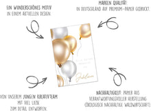Laden Sie das Bild in den Galerie-Viewer, Edition Seidel Premium Glückwunschkarte zum Jubiläum mit Umschlag. Karte zum Jubiläum mit Spruch. Jubiläumskarte Grusskarte Luftballons Gratulation Billet Mann Frau (J121 SW023)