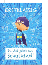 Laden Sie das Bild in den Galerie-Viewer, Edition Seidel Premium Glückwunschkarte zur Einschulung mit Umschlag. Einschulungskarte Karte Grusskarte Kind Junge Schulanfang 1. Klasse Comic (ES134 SW023)