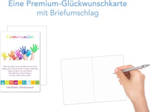 Laden Sie das Bild in den Galerie-Viewer, Edition Seidel Premium Glückwunschkarte zur Kommunion mit Umschlag. Kommunionskarte mit Spruch Grusskarte Karte bunte Hände Junge Mädchen (KO180 SW023)