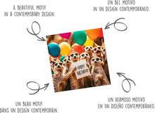 Laden Sie das Bild in den Galerie-Viewer, Edition Seidel Premium quadratische Geburtstagskarte mit Umschlag. Glückwunschkarte Happy Birthday Billet Tier Karte Mann Frau Kinder Coole Erdmännchen Bunte Ballons (GQ175 SW024)